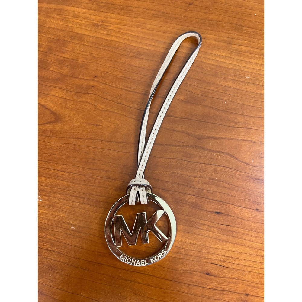 Michael Kors Gold Tone Logo Bag Charm Cream Leather Strap MK Handbag Accessory